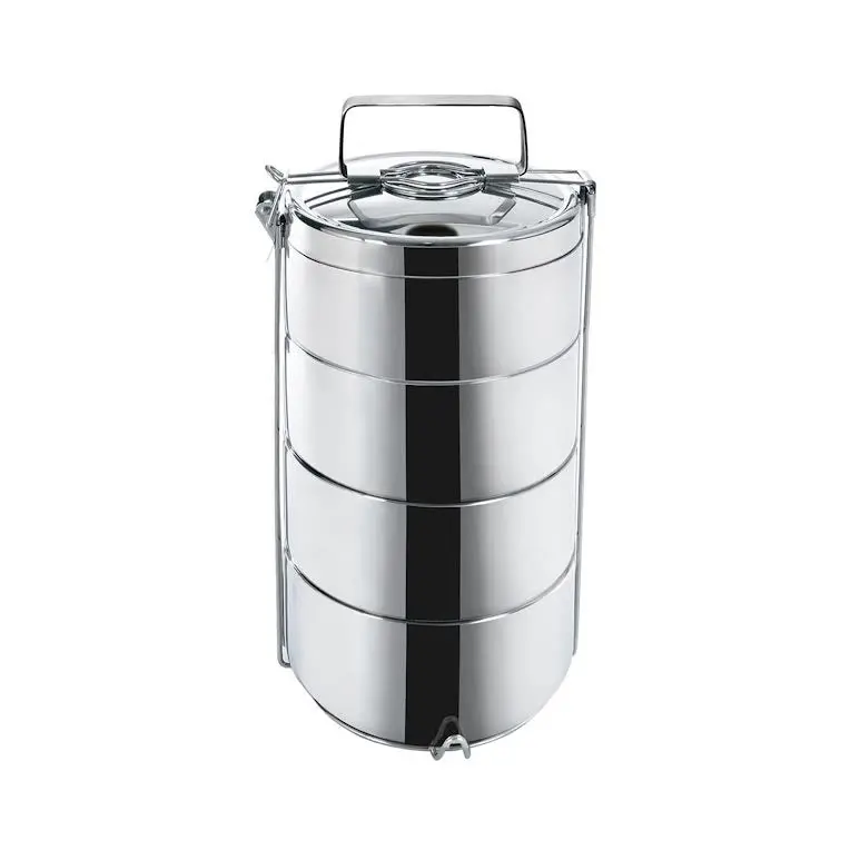 4-Tier Double-Wall Thermal Food Carrier – Silver Insulated Stackable Meal Transport 1