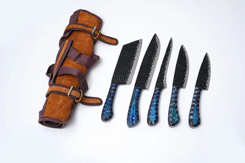 5-Piece Forged Kitchen Knife Set – Dragon Scale Carbon Steel Blades, Blue Diamond Wood Handles, Leather Carry Roll – Ck-001 1
