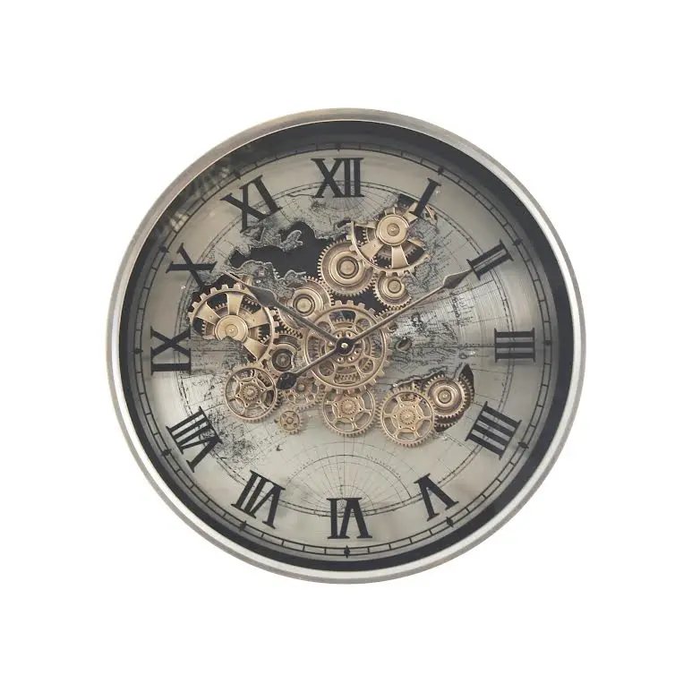 60Cm World Map Wall Clock With Rotating Gears – Industrial Silver & Gold Finish 1