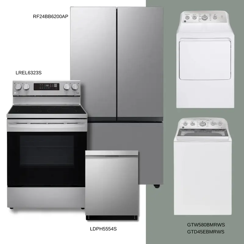 Complete Kitchen & Laundry Bundle: 36-Inch Counter-Depth Fridge, 30-Inch Electric Range, Dishwasher, Washer & Dryer 1