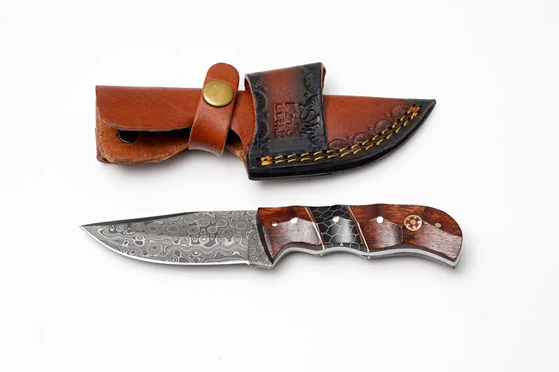 Drop Point Damascus Hunting Knife Featuring Rosewood And Black Honeycomb Scales – Scout Carry Tk-488 1