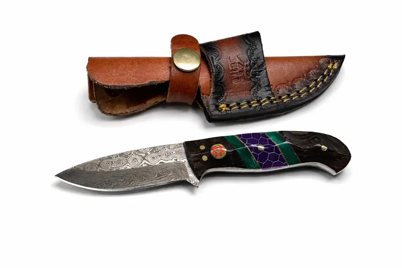 Drop Point Outdoor Utility Knife – Hand-Forged Damascus, Dark Wood & Green Resin Handle, Tk-509 1
