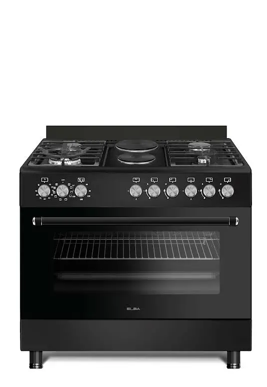 Elba Essential 90Cm Black Hybrid Cooktop: 4 Gas Burners + 2 Electric Elements + Oven — Includes Free Totai Heater 1