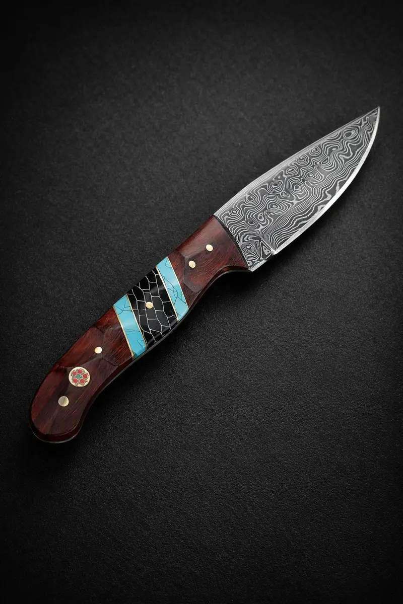 Field-Ready Drop Point Knife – Damascus Steel Blade, Rosewood & Turquoise Honeycomb Handle, Tk-503 1