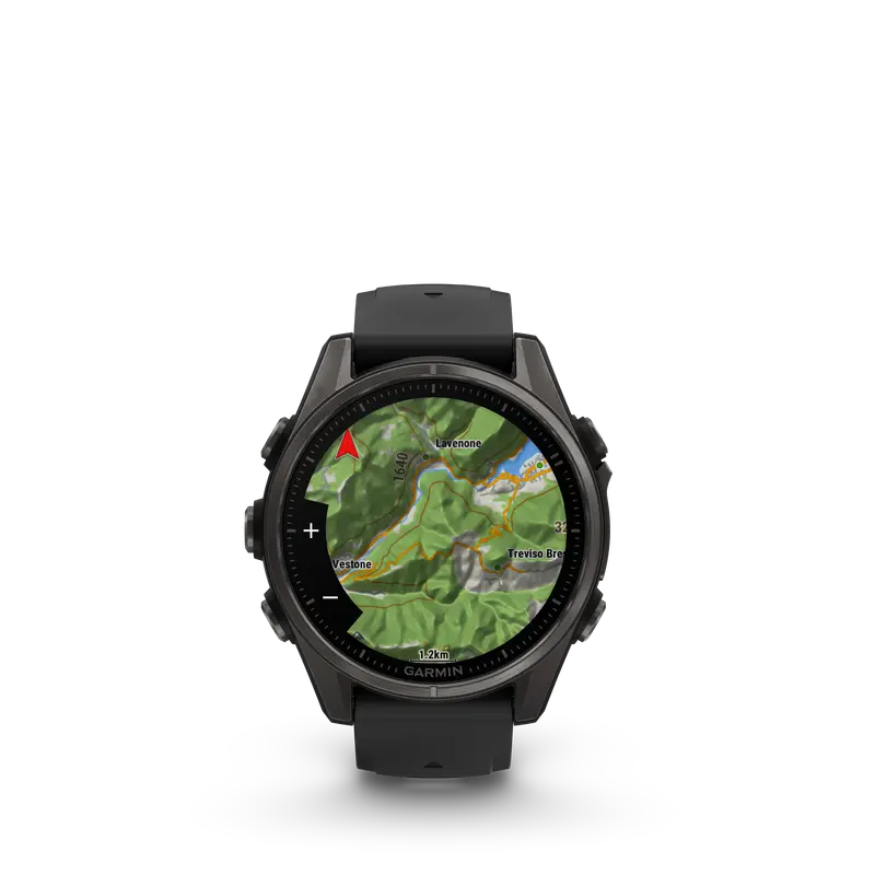 Garmin Fenix 8 – Carbon Gray Dlc Titanium Gps Watch With Black/Pebble Gray Silicone Band 1