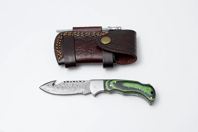 Green Micarta Gut Hook Hunting Knife With Damascus Blade – Tk-441 1