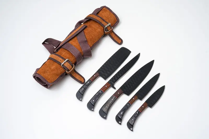 Hammered Black Carbon Steel Kitchen Knife Set – 5-Piece Forged Collection With Pakkawood & Black Walnut Handles – Ck-003 1