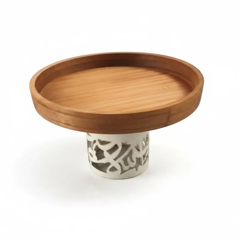 Large Round Wooden Serving Tray With Elegant Calligraphy Detailing – Cream 1