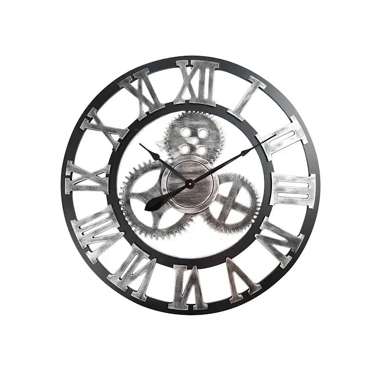 Large Silver Industrial-Retro Wall Clock With Exposed Gear Details 1