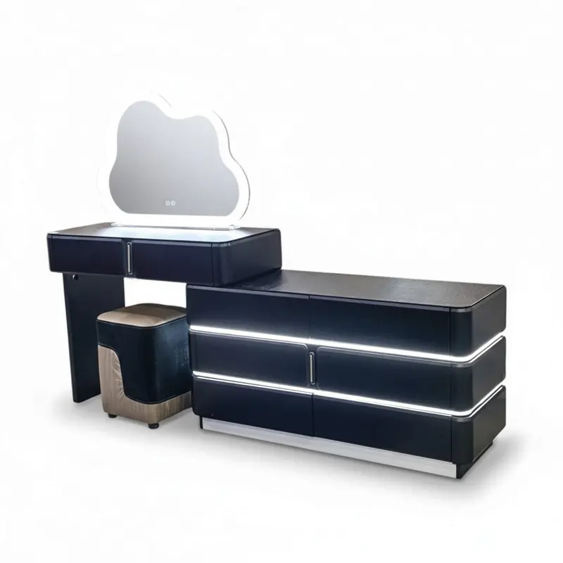 Led Dressing Table Featuring Cloud-Mirror Design & Coordinating Stool – Matte Black 1