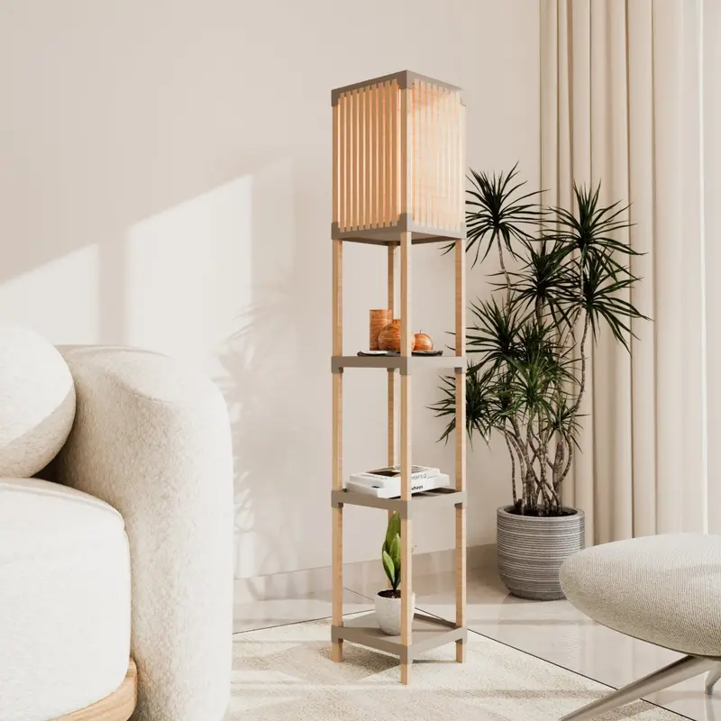 Lumi Wooden Floor Lamp Featuring Backlit Multi-Level Shelf 1