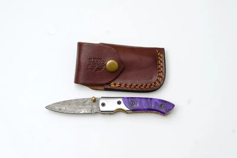 Purple Resin Folding Pocket Knife – Handcrafted Damascus Blade & Amethystedge Finish | Edc, Camping, Hunting – Tf-004-P 1