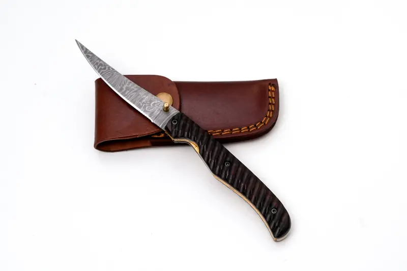Slim Damascus Pocket Knife With Textured Dark Wood Handle And Precision Spine Work – Tf-075 1