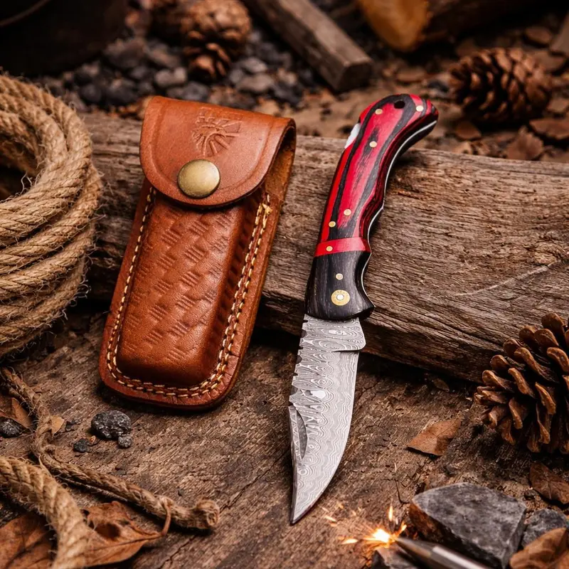 Tf-077 Damascus Trailing Point Folding Knife – Red/Black Pakkawood & Brass Hardware 1