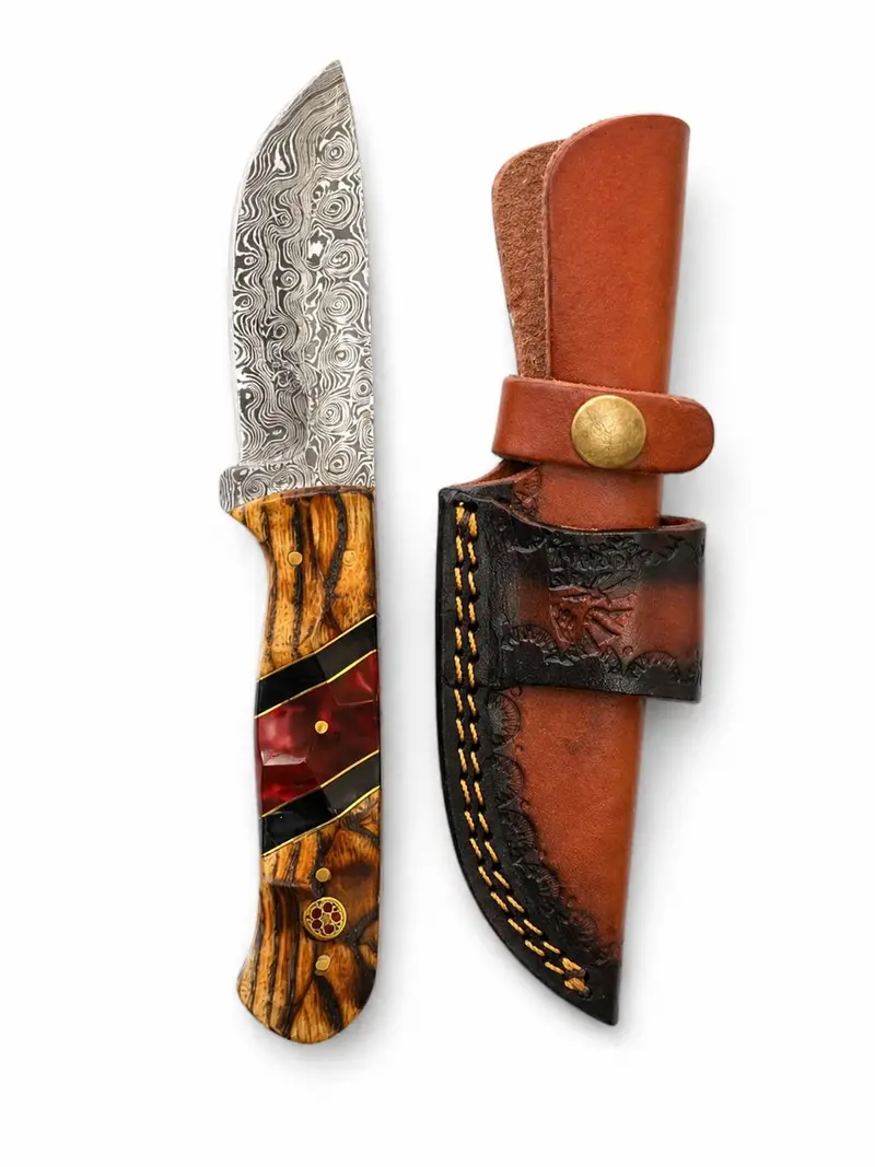Tk-512 Hand-Forged Damascus Drop Point Knife – Bocote Wood & Ruby Resin Handle 1