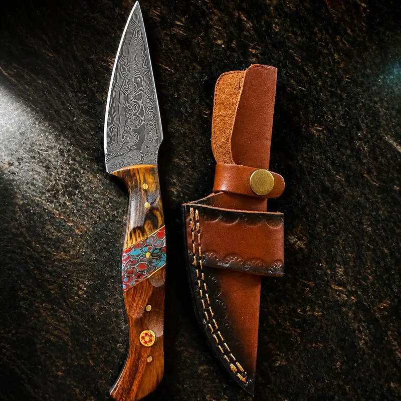 Tk-514 Titan Painted Mesa Damascus Hunting Knife – Cocobolo & Turquoise Mosaic Handle 1