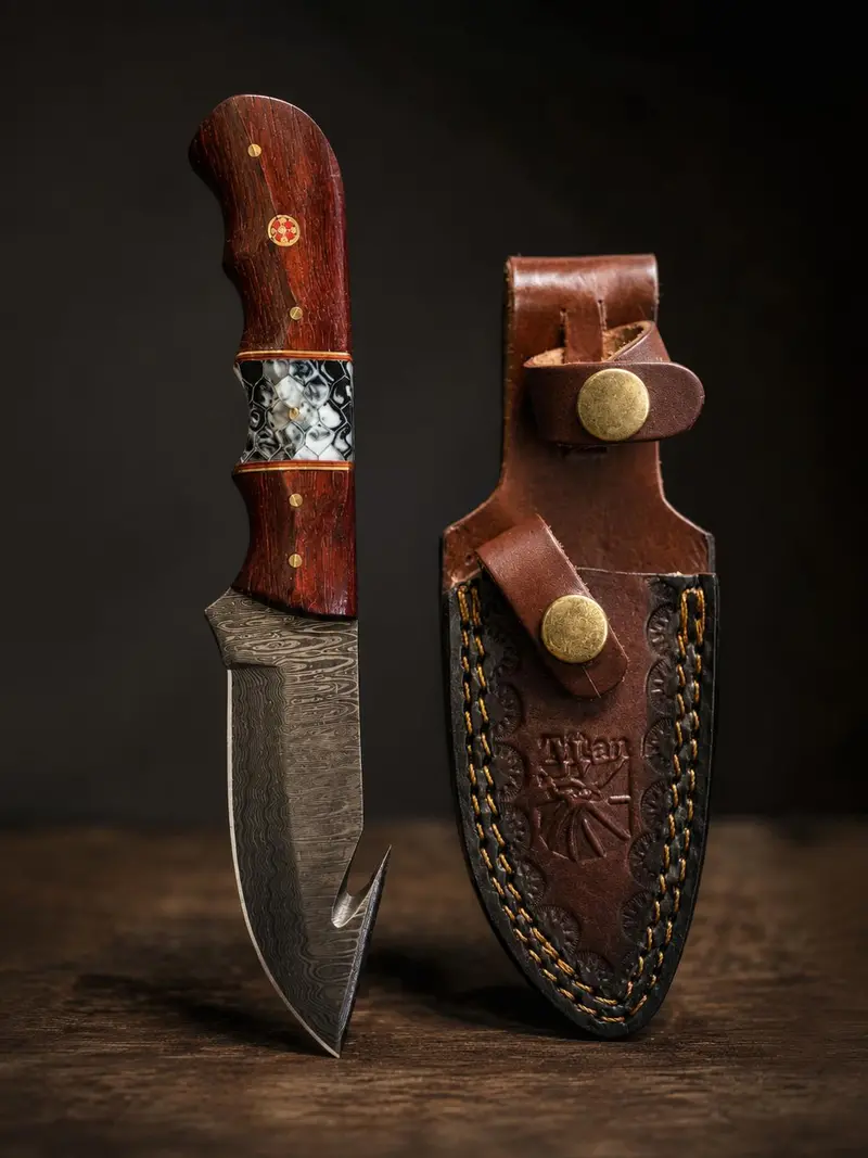 Tk-517 Damascus Field Dressing Knife – Gut Hook Blade With Padauk & Cobra Honeycomb Resin Handle 1