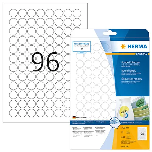 White Removable Mini Labels – 20 Mm Round, A4-Sheet Compatible With Movables® Tech (Code 4386) 1