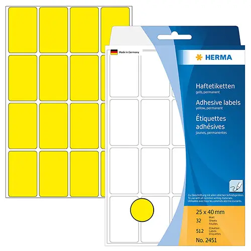 Yellow Rectangular Office Labels – 25 X 40Mm, Multipurpose Adhesive Sheets (Code 2451) 1
